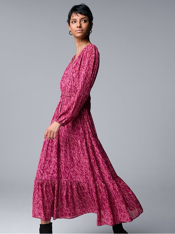 Xs Simply Vera Vera Wang Pink Animal Print Tiered Maxi Dress Long Sleeve